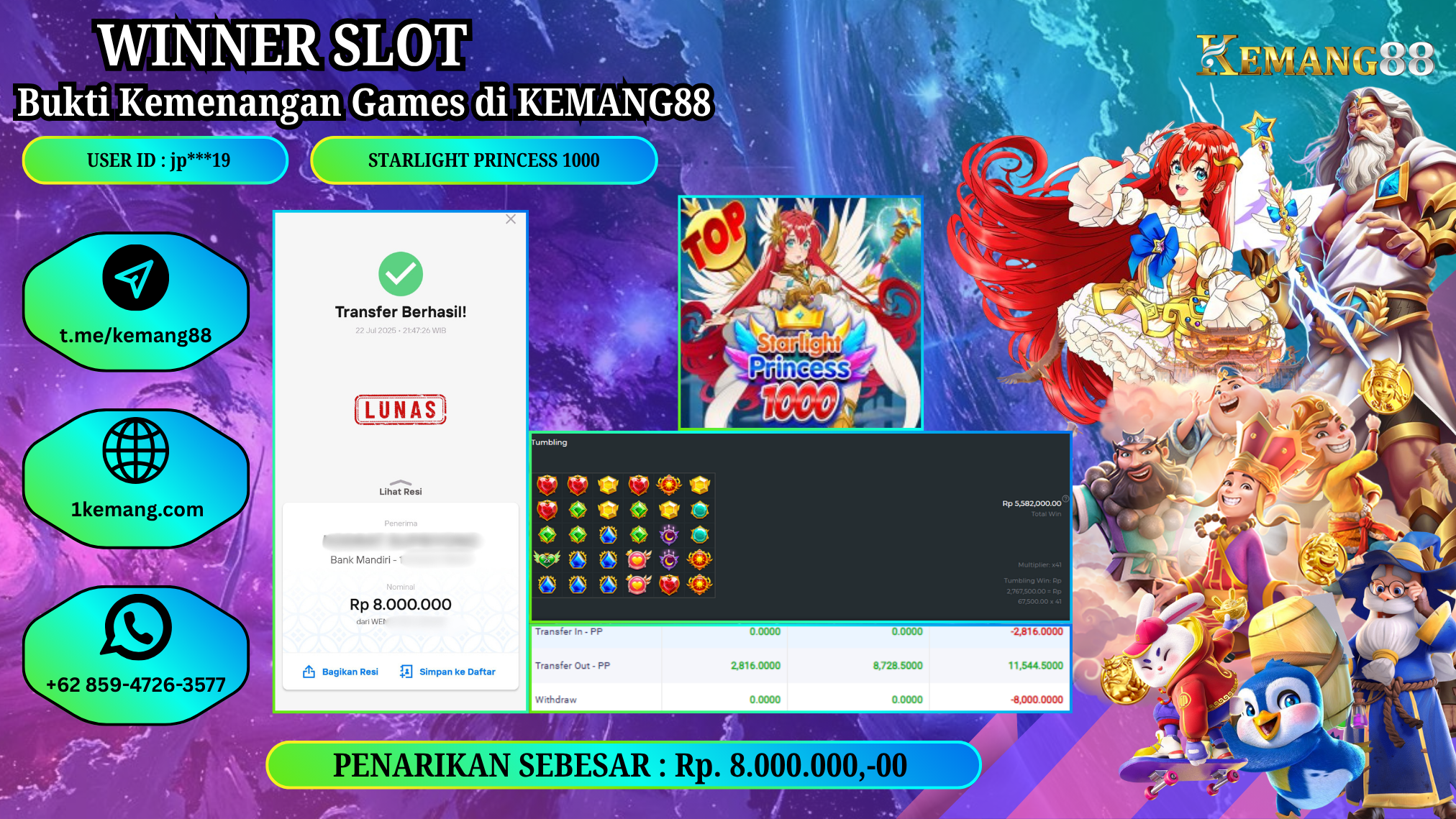 KEMANG88 [22 JULY 2025] : JACKPOT SLOT : STARLIGHT PRINCESS 1000 [PP]  Rp.8.000.000.,- LUNAS